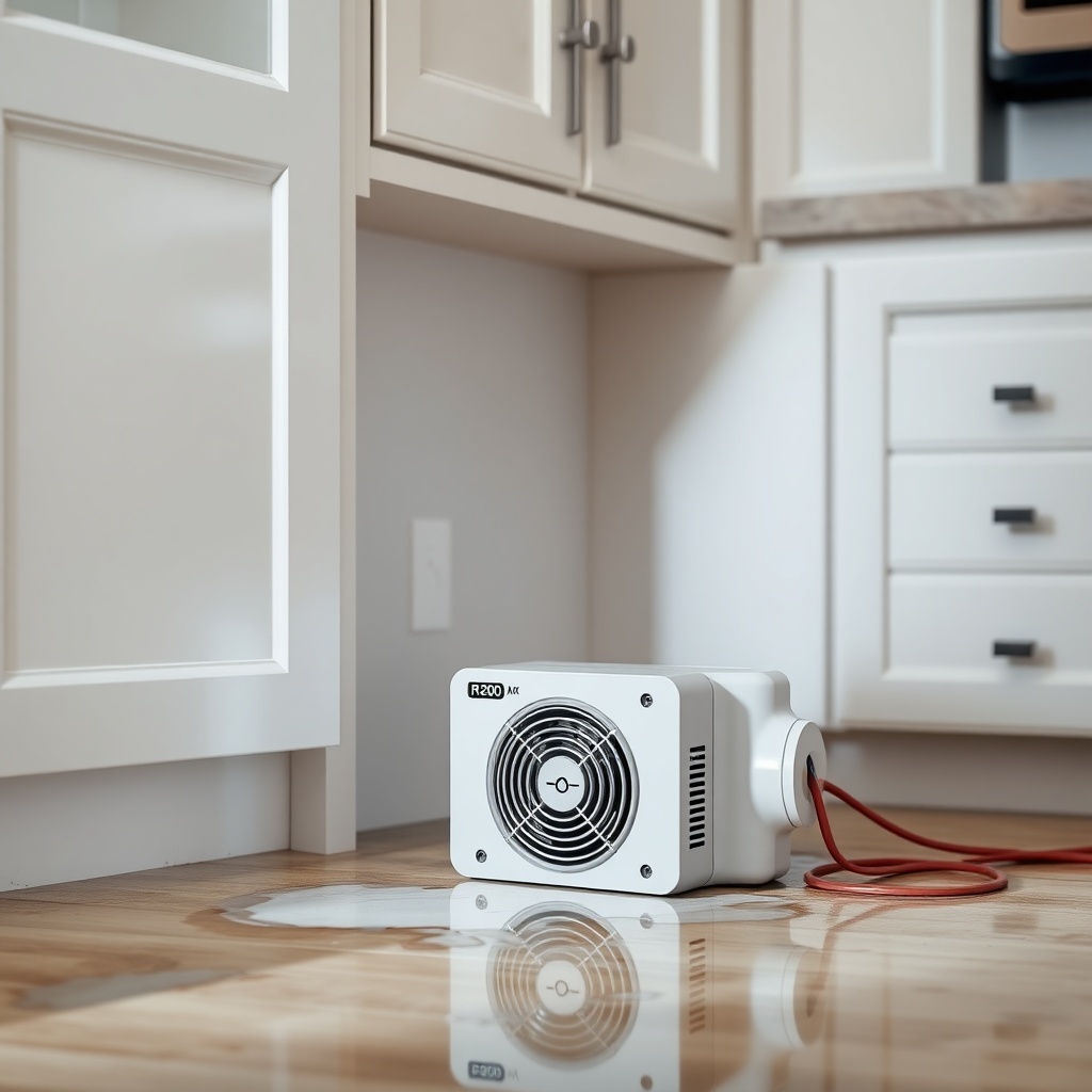 A clean photorealistic photo of a kitchen with water damage