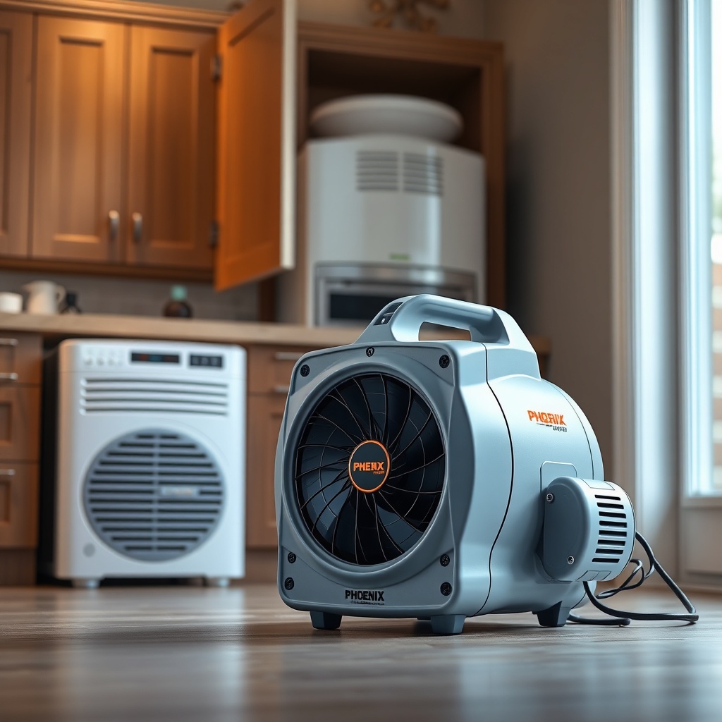 A clean photorealistic photo of a Phoenix R200 Max air mover placed in a kitchen