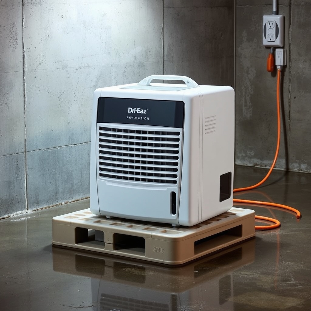 A Dri-Eaz F413 Revolution LGR dehumidifier sitting on a clean plastic pallet in a wet base