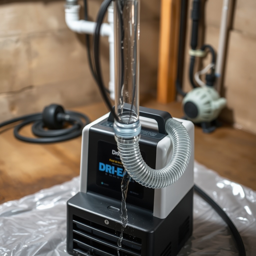A close-up photo of a Dri-Eaz F413 Revolution’s clear condensate hose draining water into