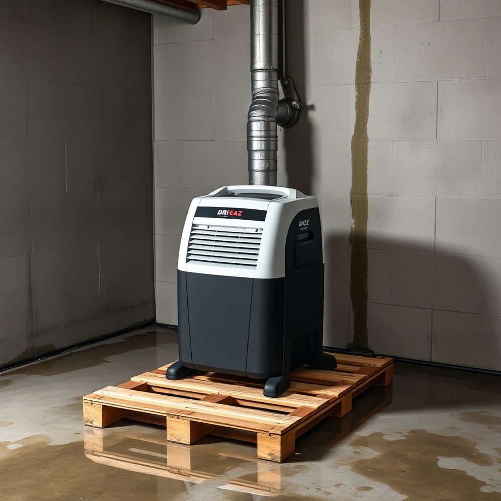 A clean photorealistic photo of a Dri-Eaz F413 Revolution LGR dehumidifier sitting on a wo