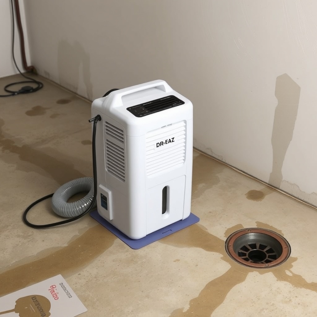 A photorealistic photo of a Dri-Eaz F413 Revolution LGR dehumidifier sitting on a damp con