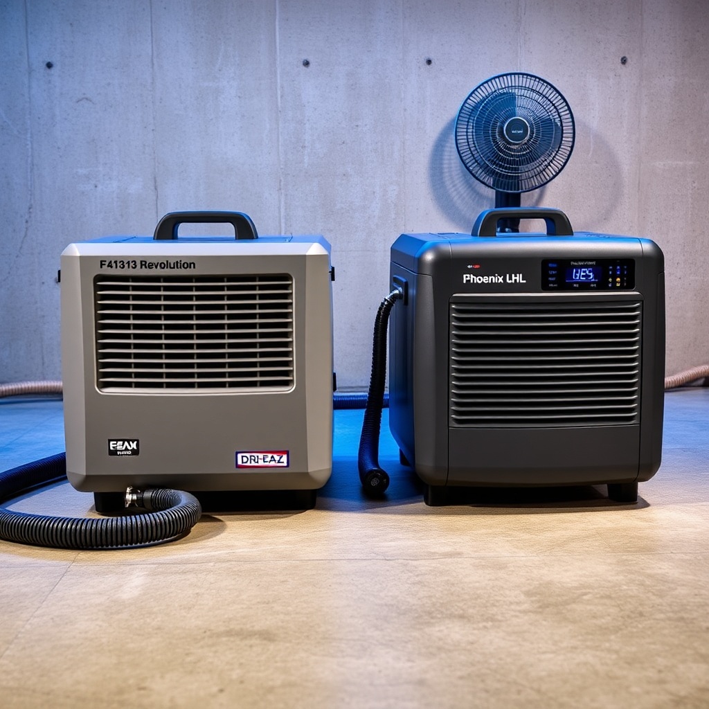 A photorealistic side-by-side photo of a Dri-Eaz F413 Revolution on the left and a Phoenix
