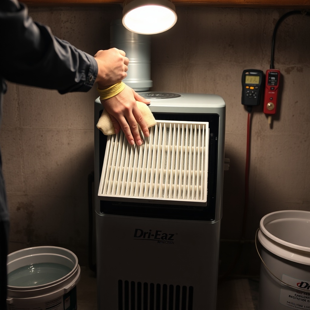 A clean photorealistic photo of a technician’s hands quickly wiping a pre-filter on a Dri-