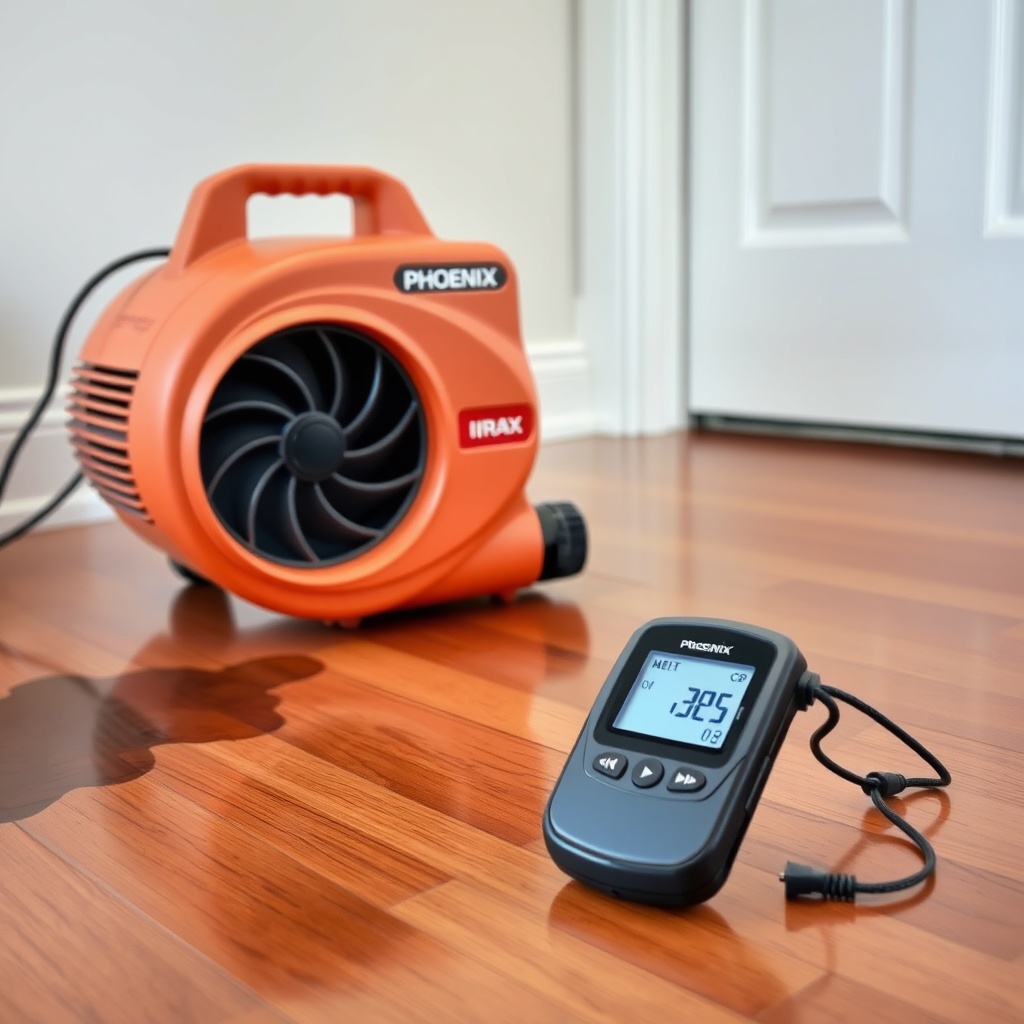 A clean photorealistic photo of a Phoenix R200 Max air mover positioned near a wet hardwoo