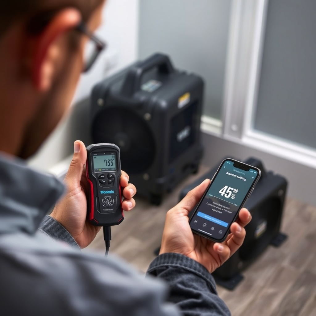 A photorealistic photo showing a restoration technician holding a digital moisture meter n