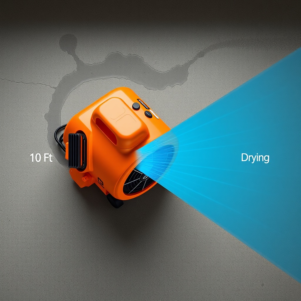 A photorealistic overhead view showing a Phoenix R200 Max air mover on a wet floor