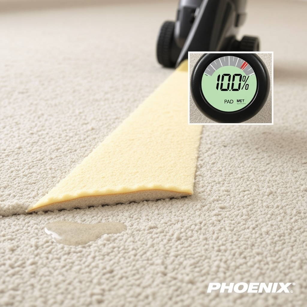A realistic photo showing a cross-section of wet carpet and pad