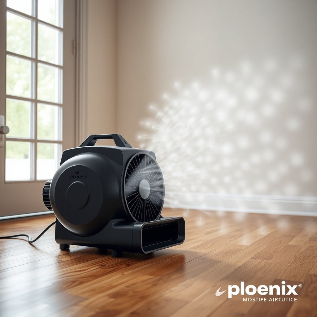 A photorealistic photo of a Phoenix R200 Max air mover placed on a hardwood floor