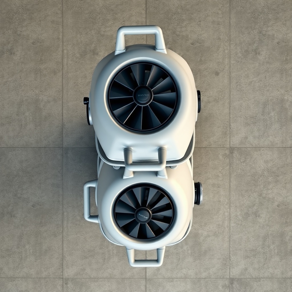 A photorealistic overhead photo of two air movers stacked together on a concrete restorati