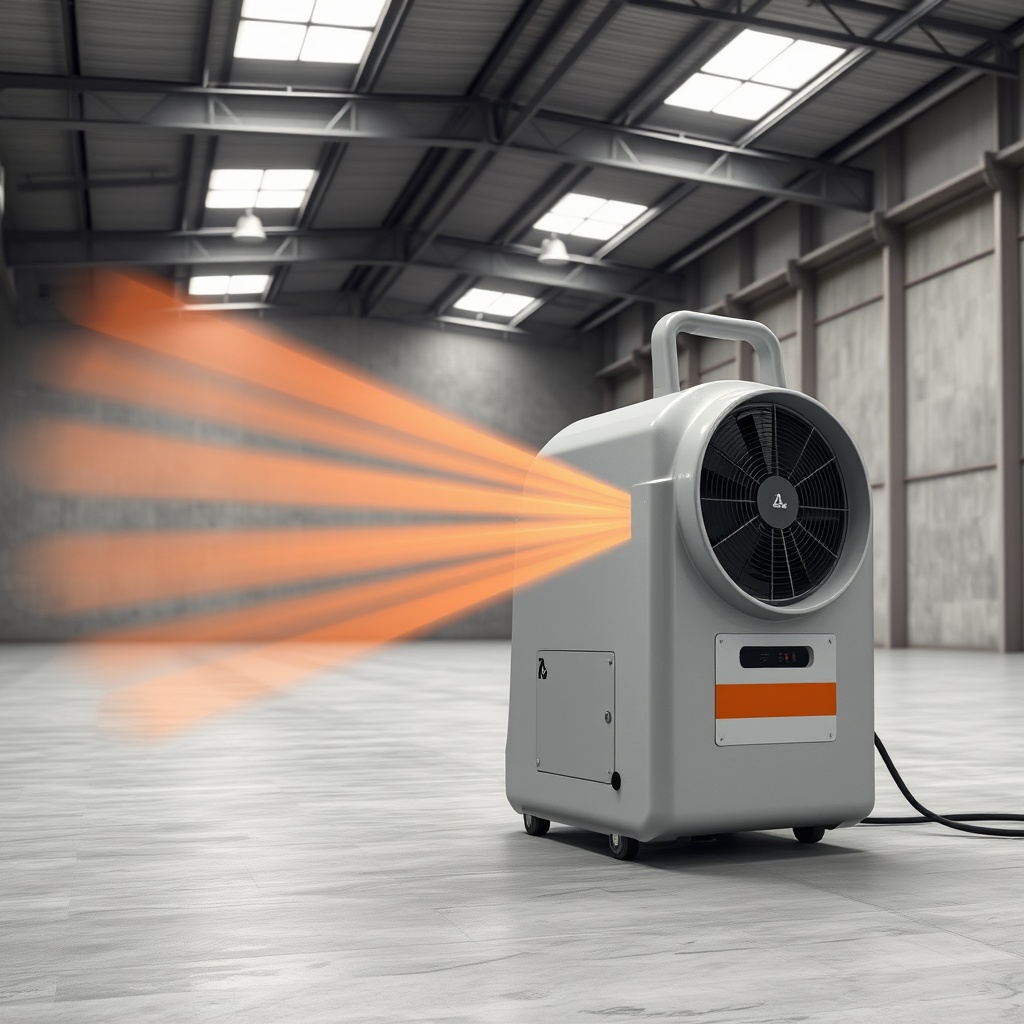 <clean photorealistic photo of a Phoenix R200 Max air mover in a large empty warehouse