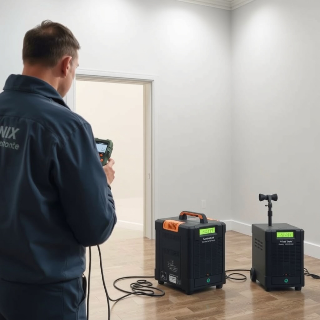 <clean photorealistic photo of a restoration technician using a moisture meter near the ex