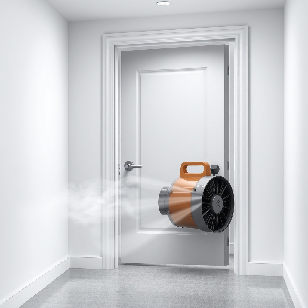 <photorealistic image showing a Phoenix R200 Max air mover connected to a blower door fram