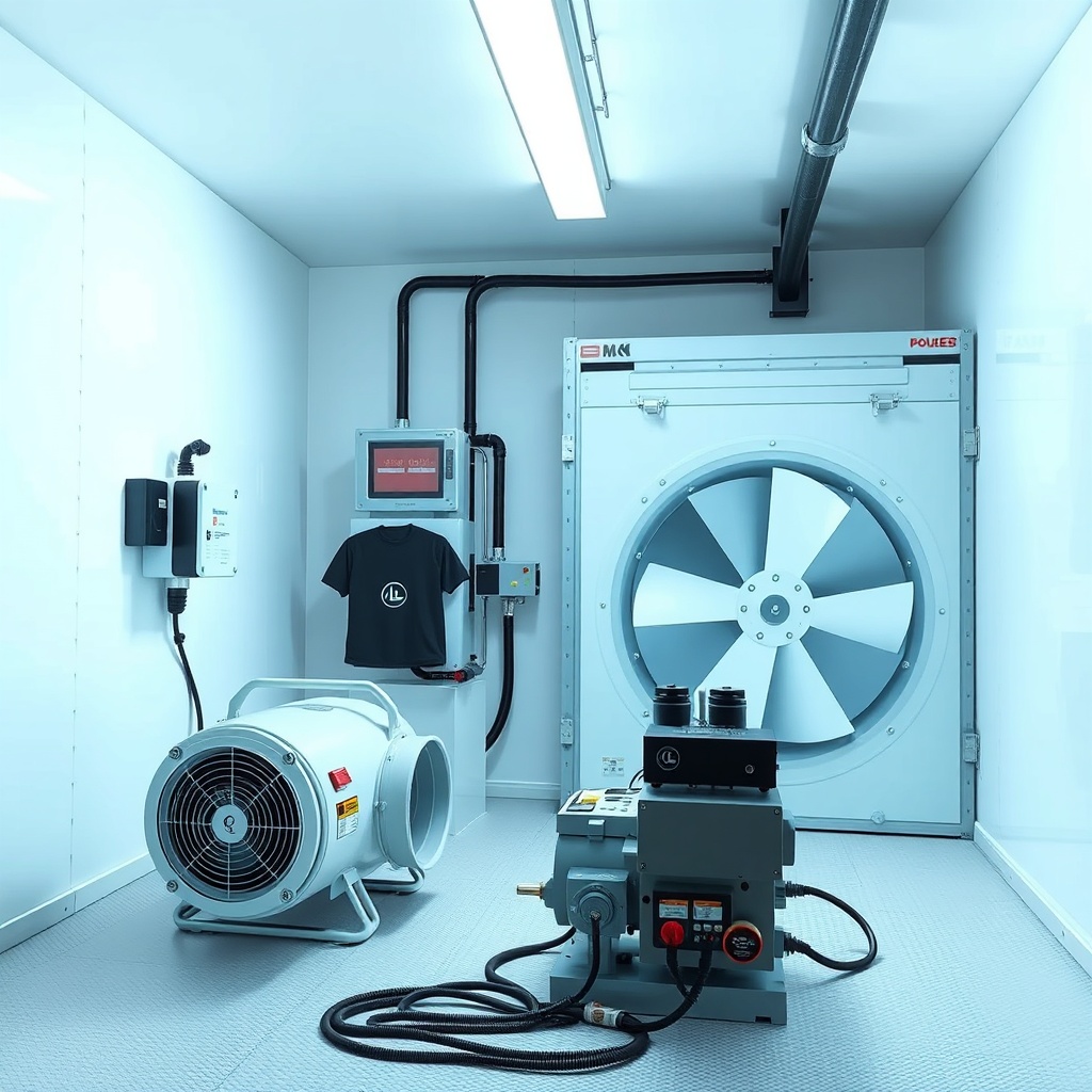 <photorealistic image showing a side-by-side comparison of the Phoenix R200 Max air mover
