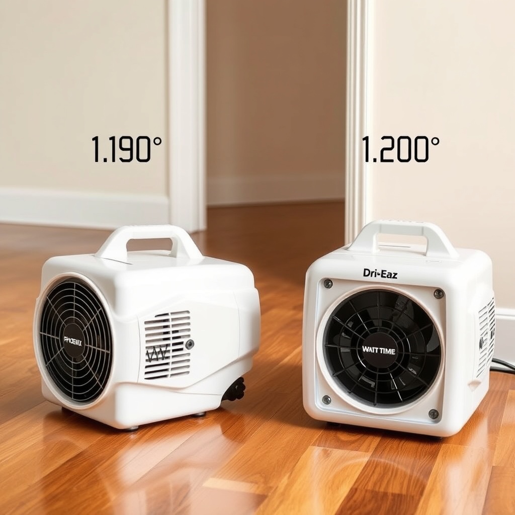 A photorealistic side-by-side photo of a Phoenix R200 Max and Dri-Eaz 1200 air movers runn