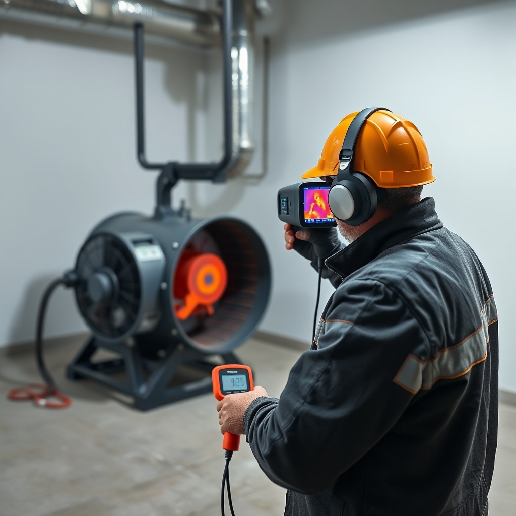 A photorealistic photo of a technician using a thermal camera to check an air mover motor