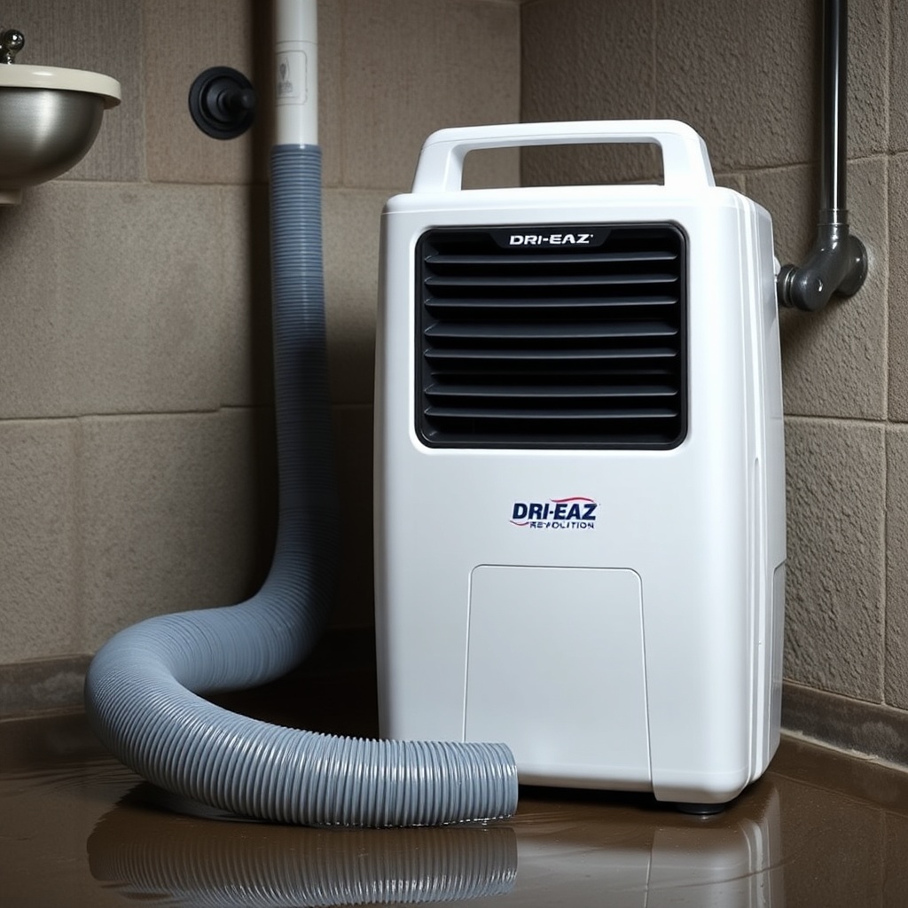<clean photorealistic photo of the Dri-Eaz F413 Revolution dehumidifier placed in a wet ba