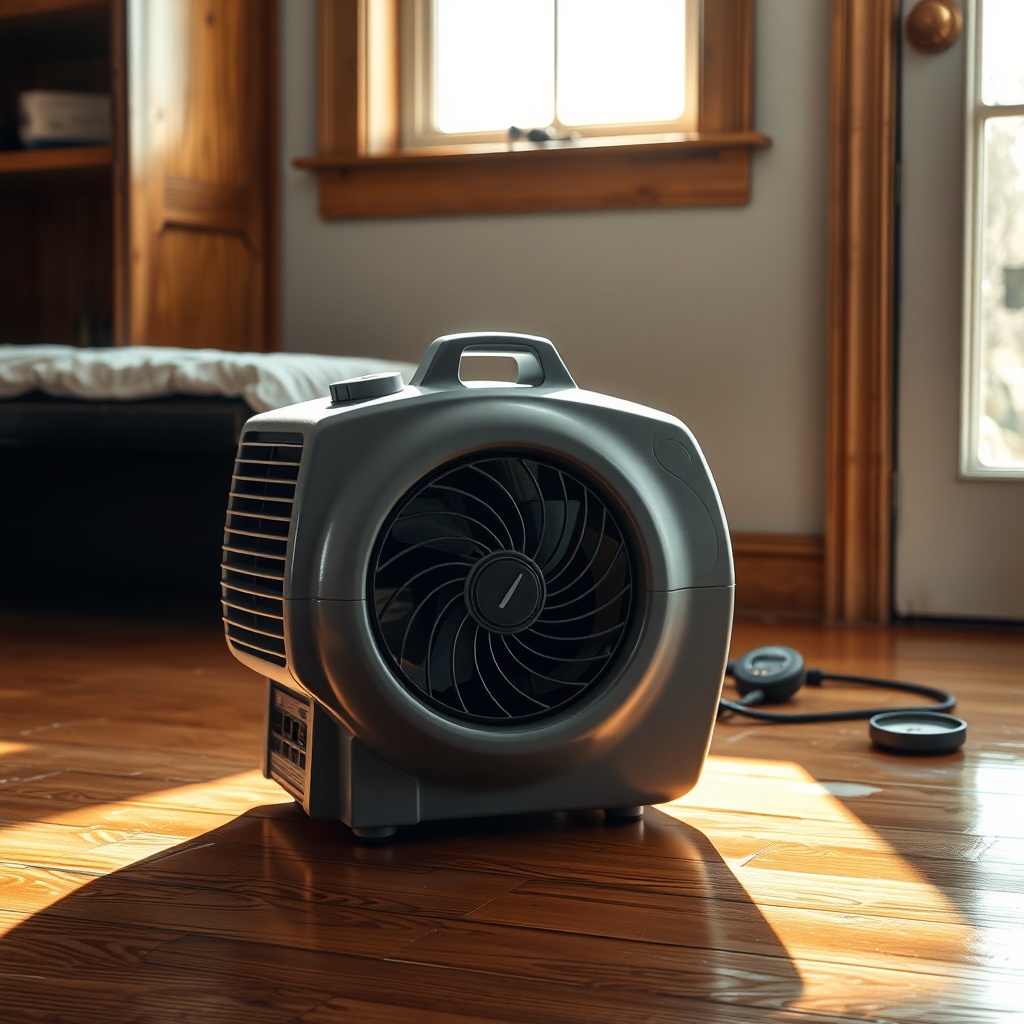 <A clean photorealistic photo of a Phoenix R200 Max Air Mover sitting on a hardwood floor