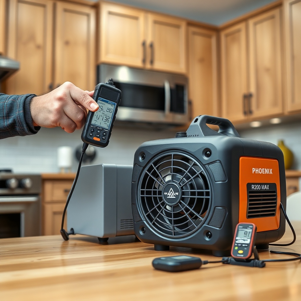 <A photorealistic photo of a restoration technician holding a pinless moisture meter next