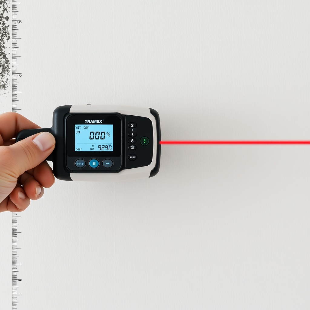 A clean photorealistic photo of a Tramex CMEX5 being held horizontally against a section o