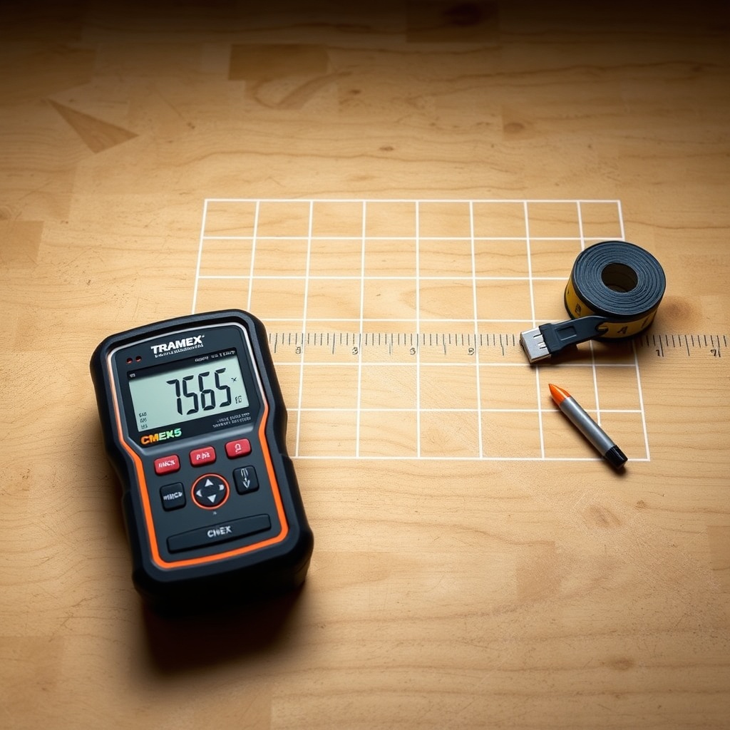 A clean photorealistic photo of a Tramex CMEX5 lying on a plywood subfloor next to a measu