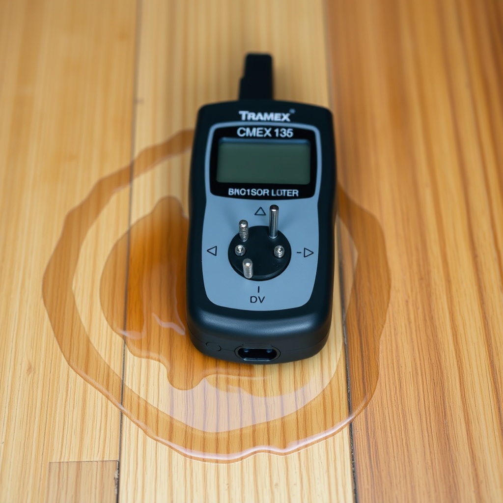 A clean photorealistic photo of a Tramex CMEX5 moisture meter placed on a wooden floorboar