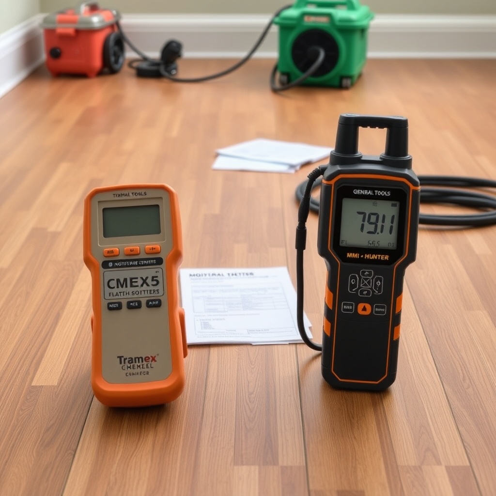 A clean photorealistic photo showing both the Tramex CMEX5 and General Tools MMI Spec Hunt