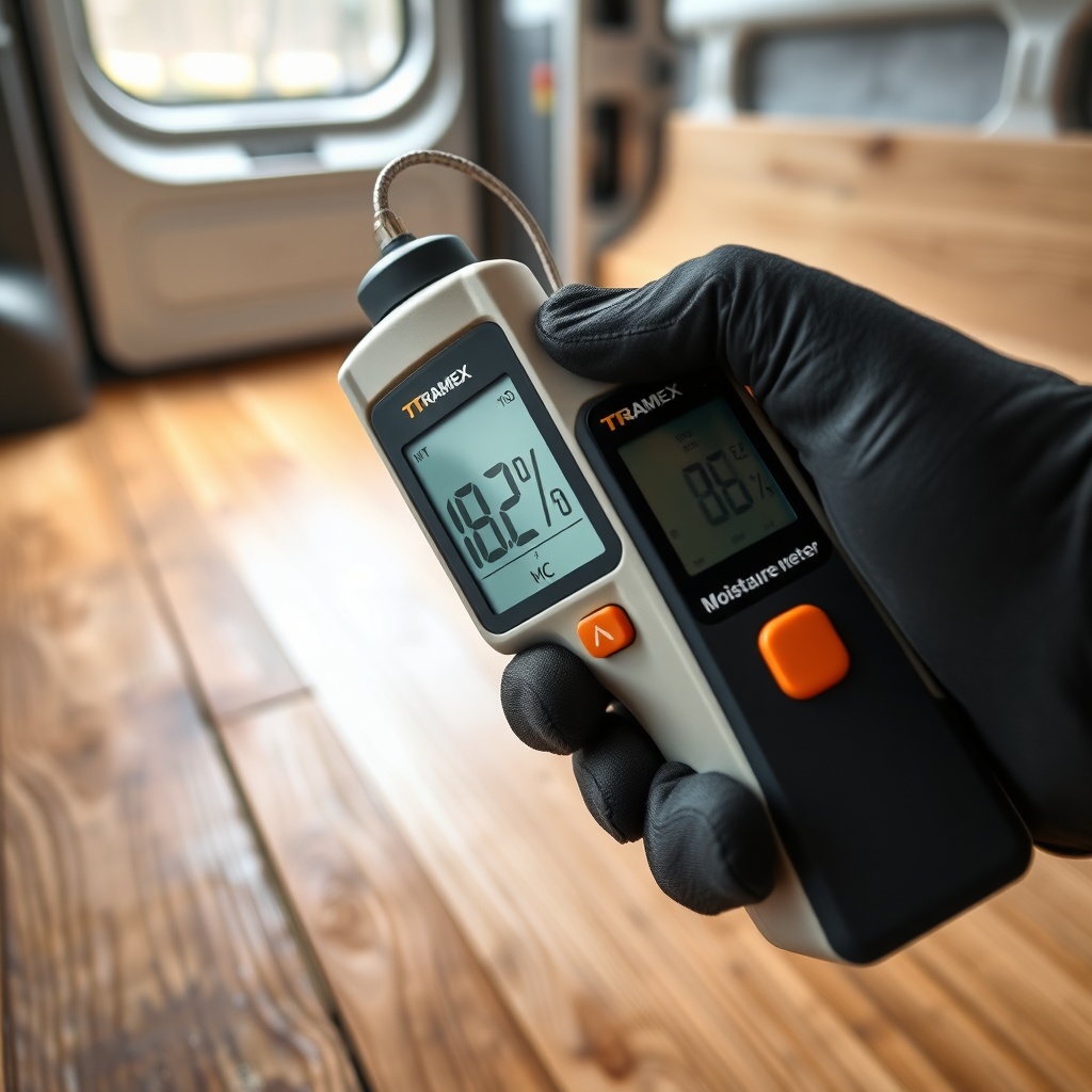 A photorealistic close-up of a Tramex CMEX5 moisture meter being held by a gloved hand aga