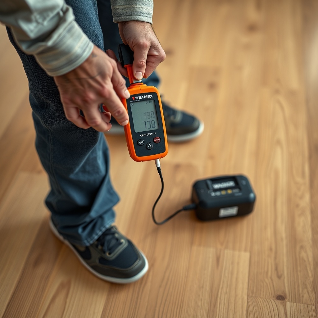 A clean photorealistic photo of a restoration technician holding a Tramex CMEX5 moisture m