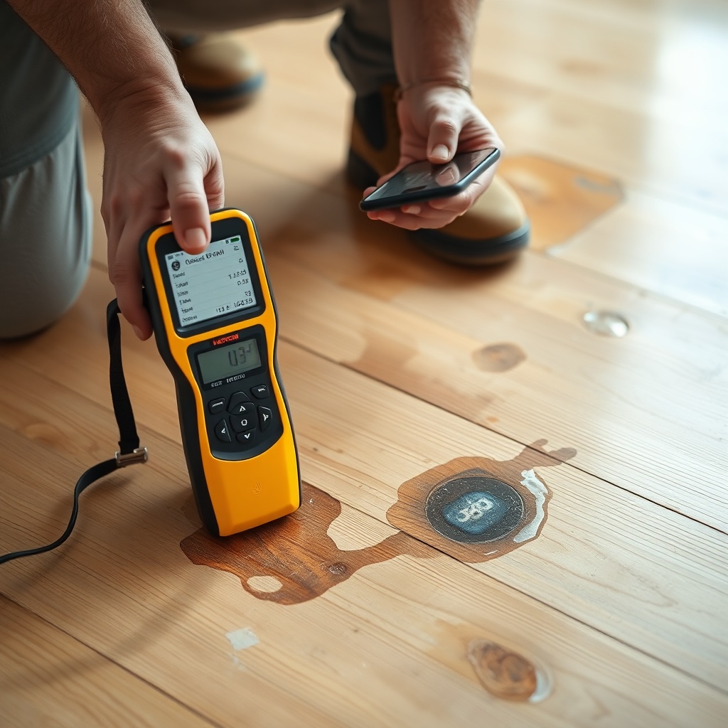 A clean photorealistic photo of a moisture meter being used on a water-damaged wood floor